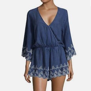 Saks Fifth Avenue Denim Bell Sleeve Embroidered Romper